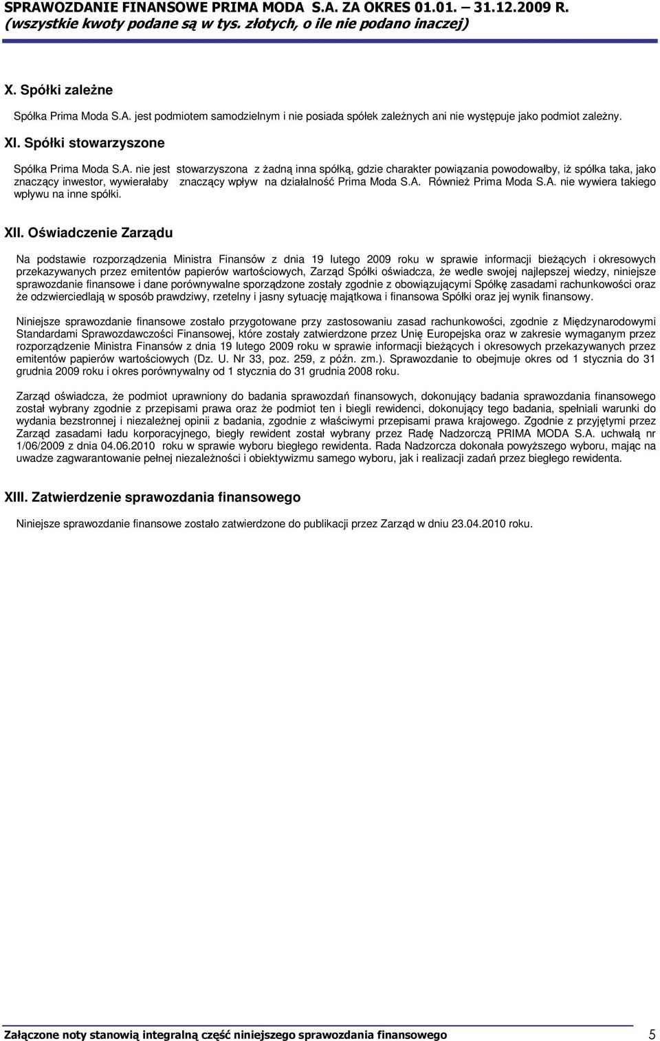 nie jest stowarzyszona z żadną inna spółką, gdzie charakter powiązania powodowałby, iż spółka taka, jako znaczący inwestor, wywierałaby znaczący wpływ na działalność Prima Moda S.A.