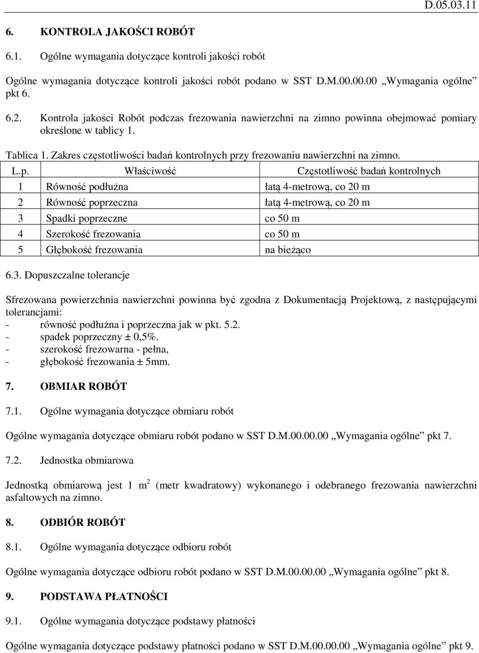 L.p. Właściwość Częstotliwość badań kontrolnych 1 Równość podłużna łatą 4-metrową, co 20 m 2 Równość poprzeczna łatą 4-metrową, co 20 m 3 Spadki poprzeczne co 50 m 4 Szerokość frezowania co 50 m 5