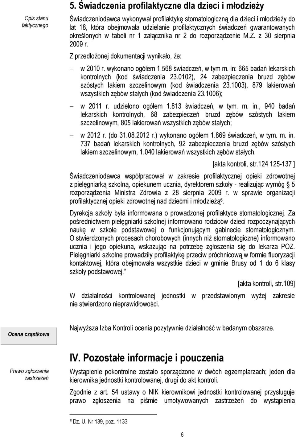 gwarantowanych określonych w tabeli nr 1 załącznika nr 2 do rozporządzenie M.Z. z 30 sierpnia 2009 r. Z przedłożonej dokumentacji wynikało, że: w 2010 r. wykonano ogółem 1.568 świadczeń, w tym m.