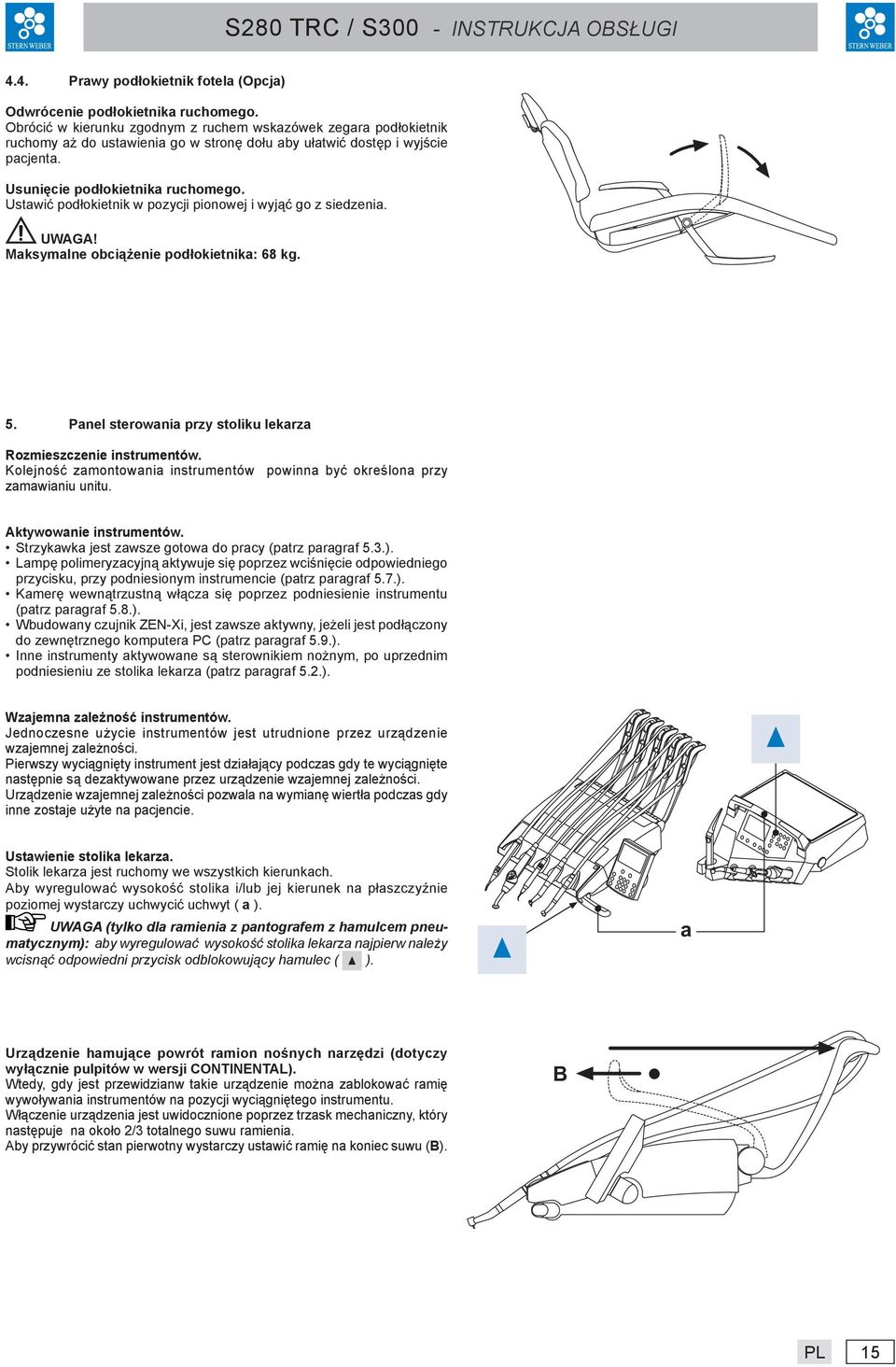 Ustawić podłokietnik w pozycji pionowej i wyjąć go z siedzenia. Maksymalne obciążenie podłokietnika: 68 kg. 5. Panel sterowania przy stoliku lekarza Rozmieszczenie instrumentów.