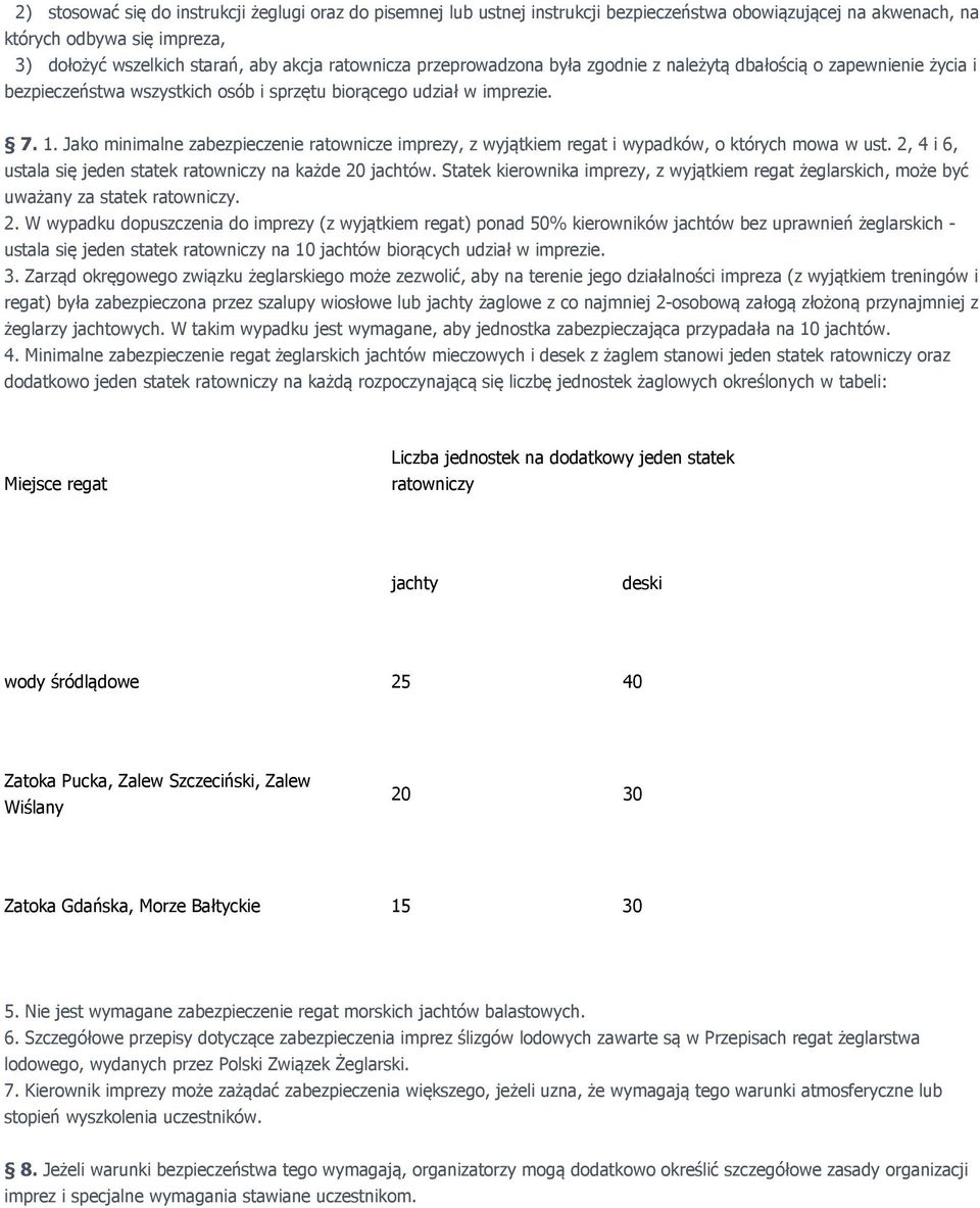 Jako minimalne zabezpieczenie ratownicze imprezy, z wyjątkiem regat i wypadków, o których mowa w ust. 2, 4 i 6, ustala się jeden statek ratowniczy na każde 20 jachtów.