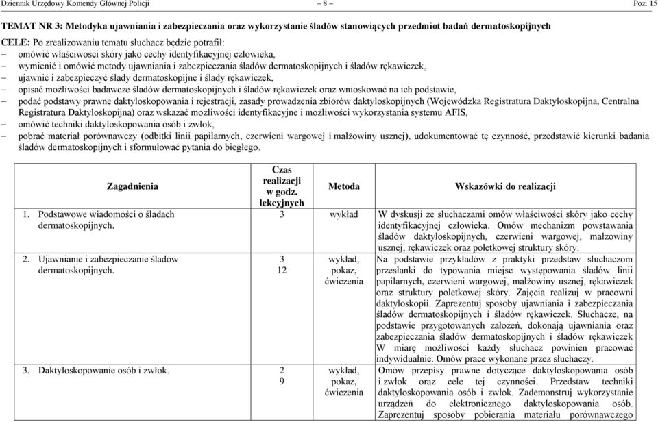 skóry jako cechy identyfikacyjnej człowieka, wymienić i omówić metody ujawniania i zabezpieczania śladów dermatoskopijnych i śladów rękawiczek, ujawnić i zabezpieczyć ślady dermatoskopijne i ślady