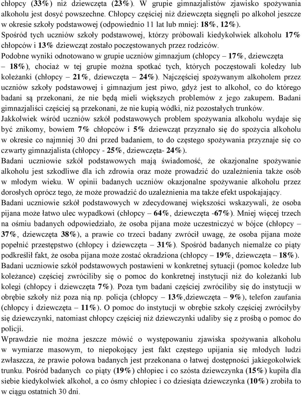 Spośród tych uczniów szkoły podstawowej, którzy próbowali kiedykolwiek alkoholu 17% chłopców i 13% dziewcząt zostało poczęstowanych przez rodziców.