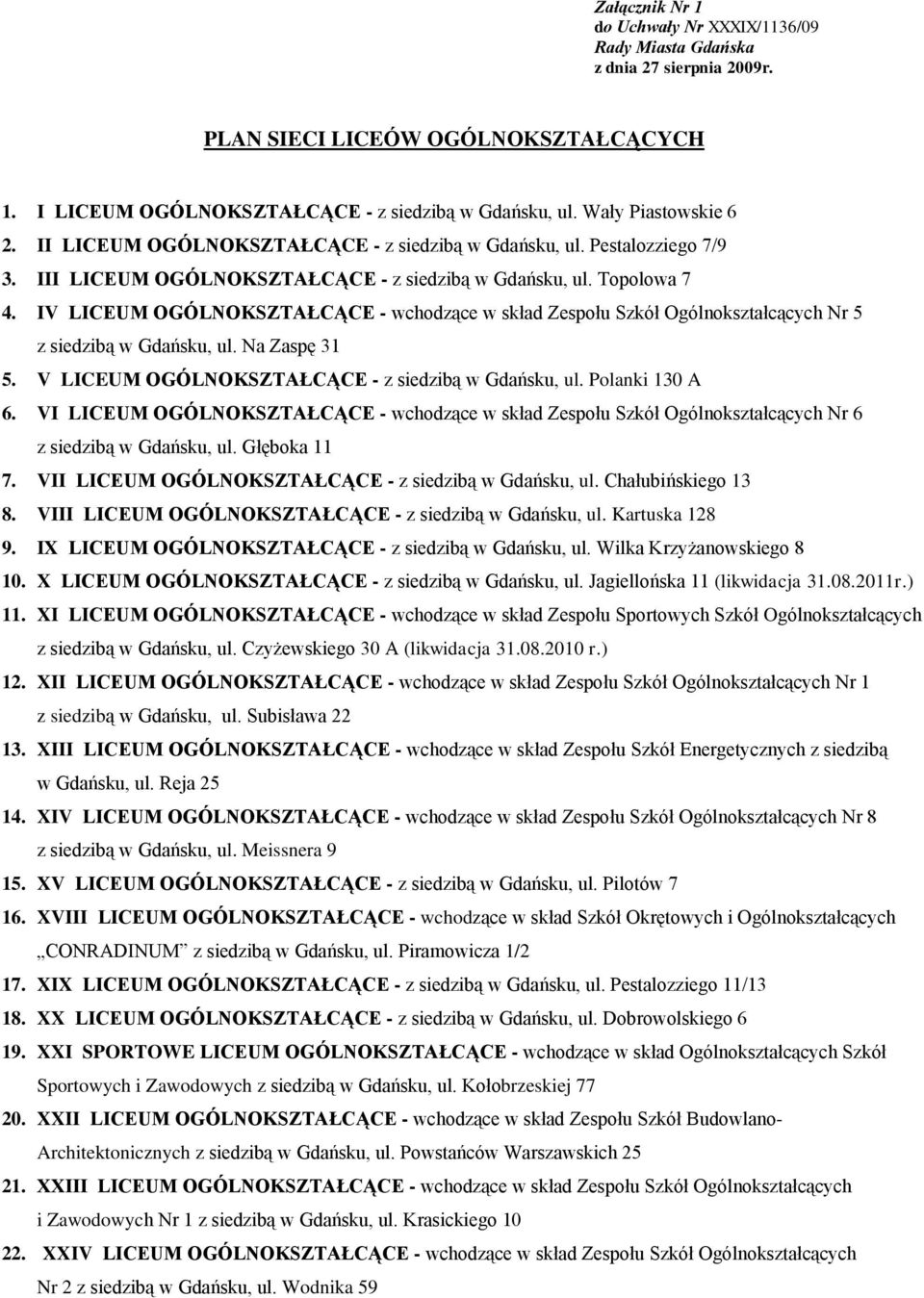 IV LICEUM OGÓLNOKSZTAŁCĄCE - wchodzące w skład Zespołu Szkół Ogólnokształcących Nr 5 z siedzibą w Gdańsku, ul. Na Zaspę 31 5. V LICEUM OGÓLNOKSZTAŁCĄCE - z siedzibą w Gdańsku, ul. Polanki 130 A 6.