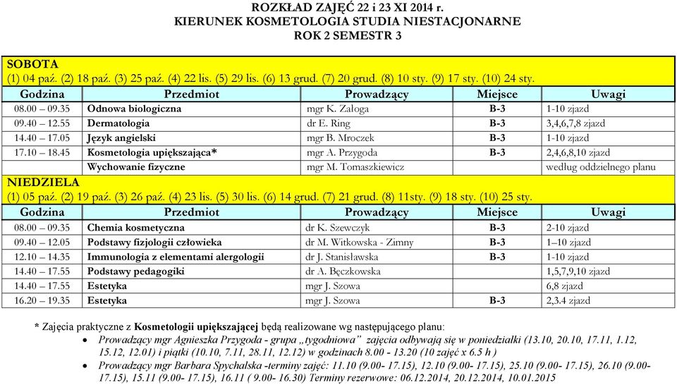 35 Chemia kosmetyczna dr K. Szewczyk B-3 2-10 zjazd 09.40 12.05 Podstawy fizjologii człowieka dr M. Witkowska - Zimny B-3 1 10 zjazd 12.10 14.35 Immunologia z elementami alergologii dr J.