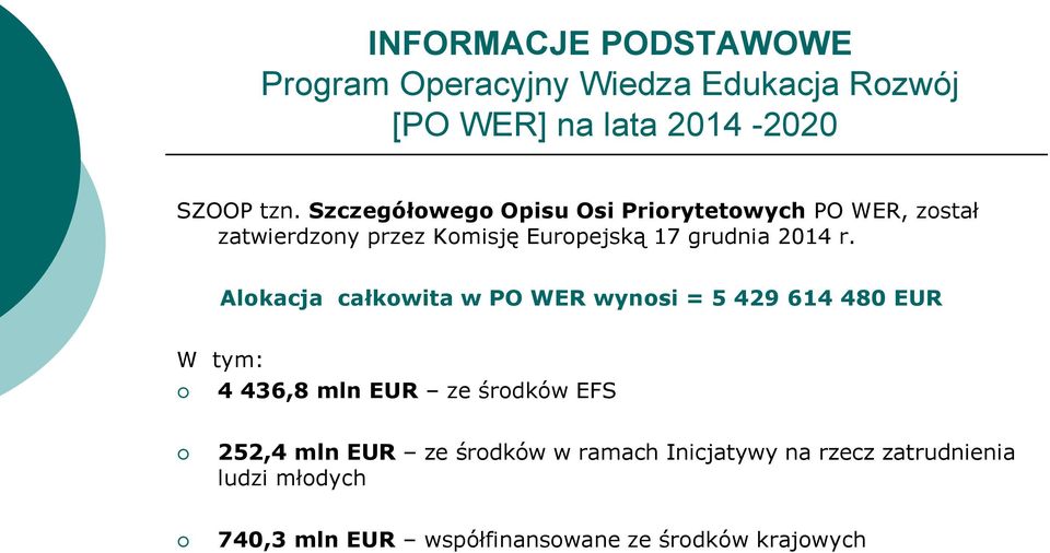 Alokacja całkowita w PO WER wynosi = 5 429 614 480 EUR W tym: 4 436,8 mln EUR ze środków EFS 252,4 mln EUR ze