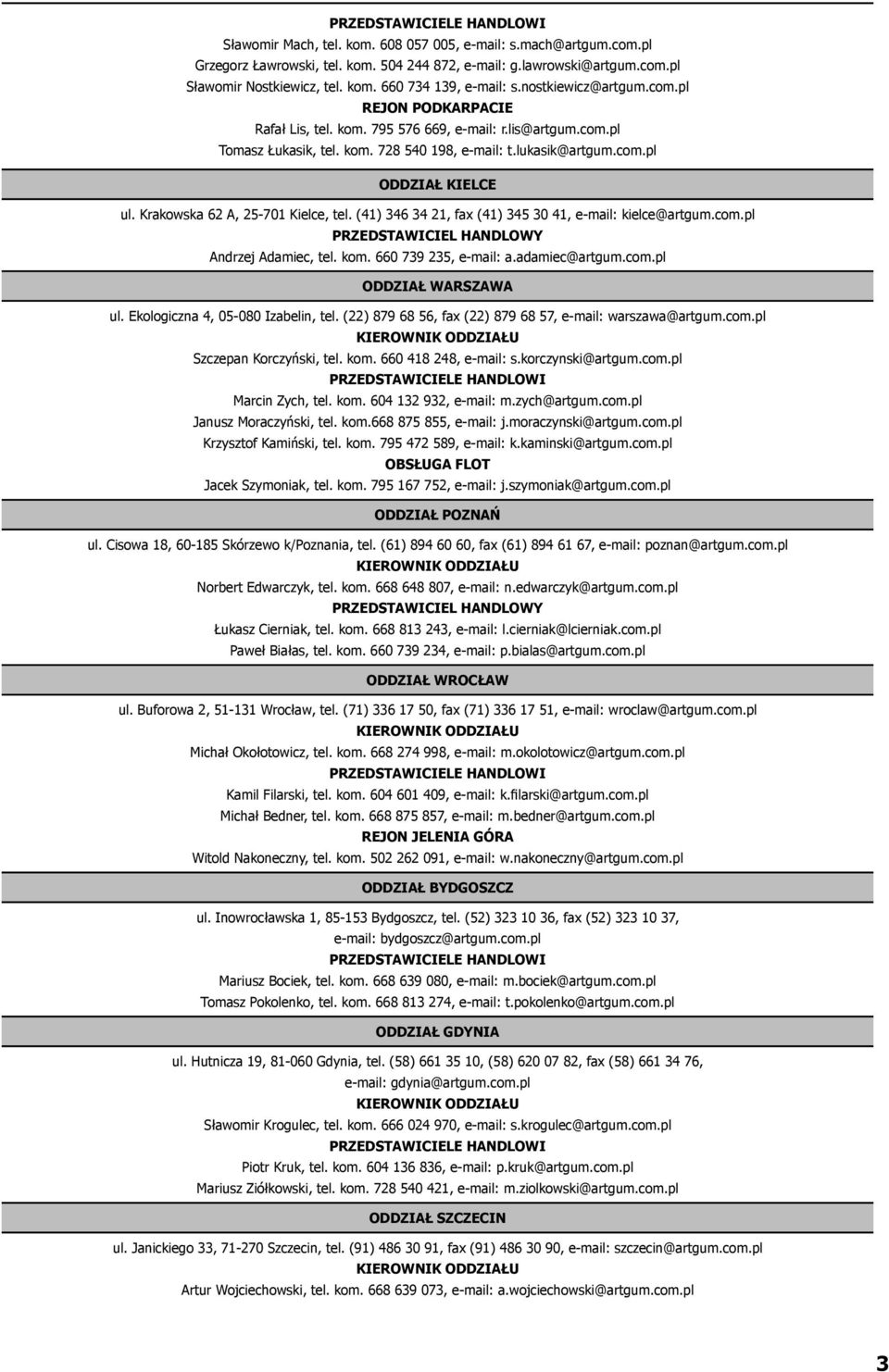Krakowska 62 A, 25-701 Kielce, tel. (41) 346 34 21, fax (41) 345 30 41, e-mail: kielce@artgum.com.pl PRZEDSTAWICIEL HANDLOWY Andrzej Adamiec, tel. kom. 660 739 235, e-mail: a.adamiec@artgum.com.pl ODDZIAŁ WARSZAWA ul.