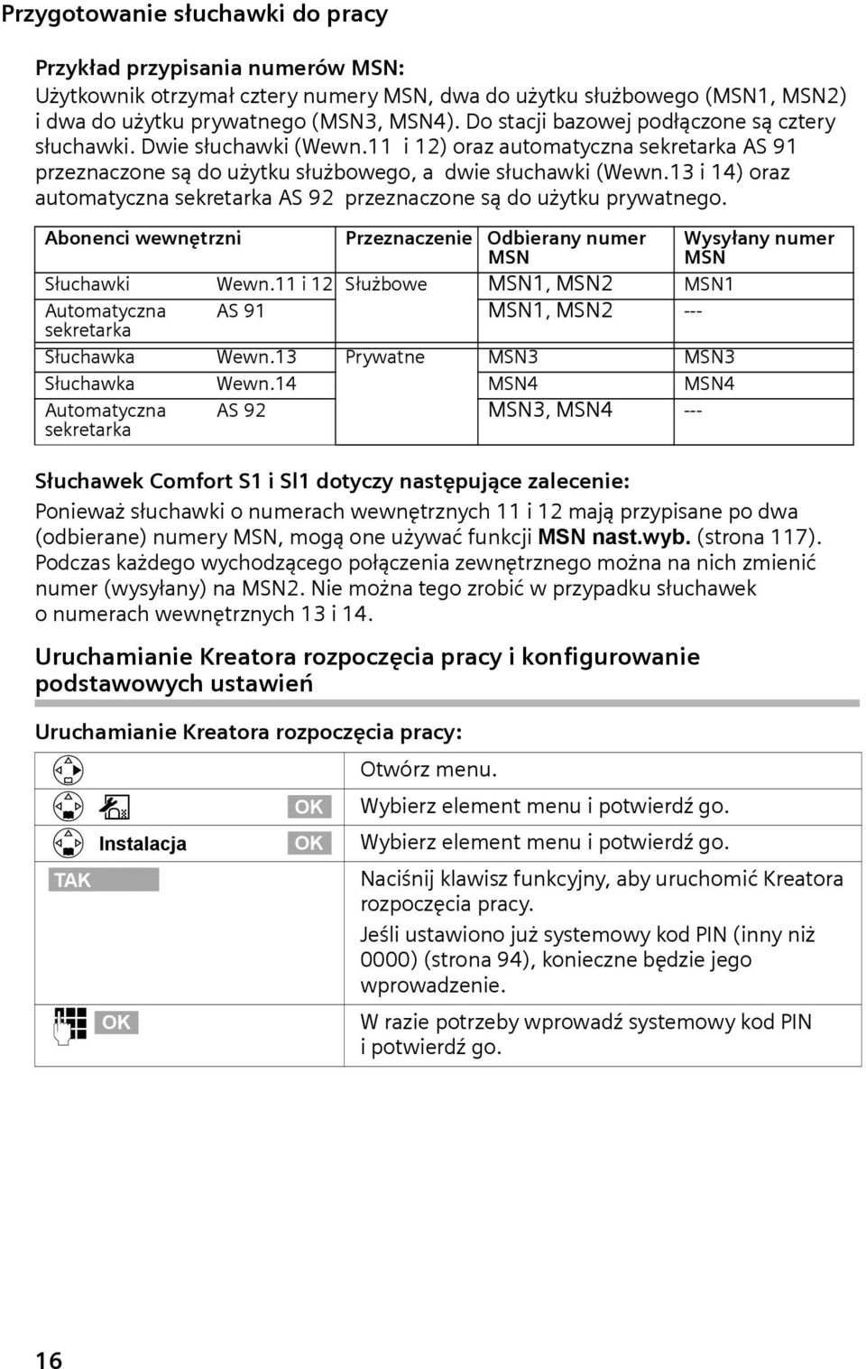 13 i 14) oraz automatyczna sekretarka AS 92 przeznaczone są do użytku prywatnego. Abonenci wewnętrzni Przeznaczenie Odbierany numer MSN Wysyłany numer MSN Słuchawki Wewn.