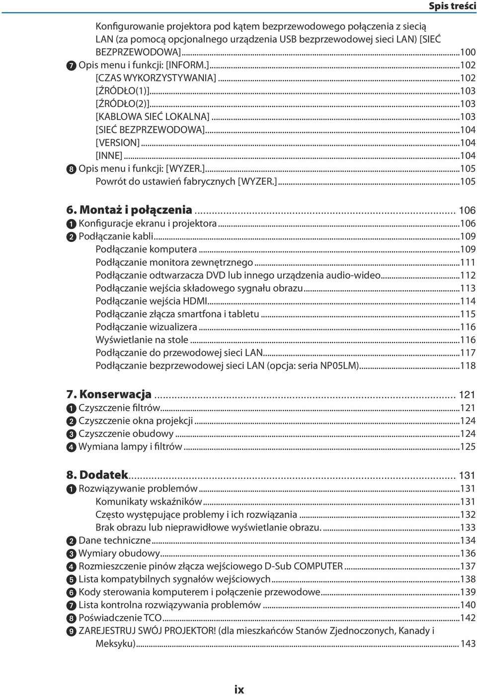 ..104 8 Opis menu i funkcji: [WYZER.]...105 Powrót do ustawień fabrycznych [WYZER.]...105 6. Montaż i połączenia... 106 1 Konfiguracje ekranu i projektora...106 Podłączanie kabli.