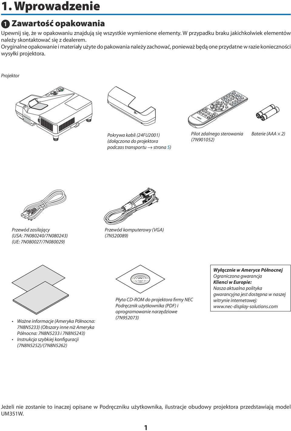 Projektor Pokrywa kabli (24FU2001) (dołączona do projektora podczas transportu strona 5) Pilot zdalnego sterowania (7N901052) Baterie (AAA 2) Przewód zasilający (USA: 7N080240/7N080243) (UE: