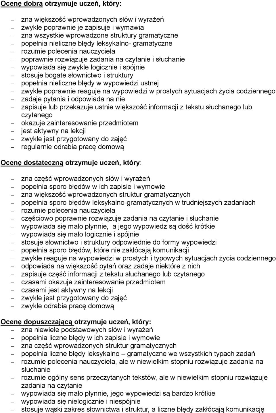 nieliczne błędy w wypowiedzi ustnej zwykle poprawnie reaguje na wypowiedzi w prostych sytuacjach życia codziennego zadaje pytania i odpowiada na nie zapisuje lub przekazuje ustnie większość