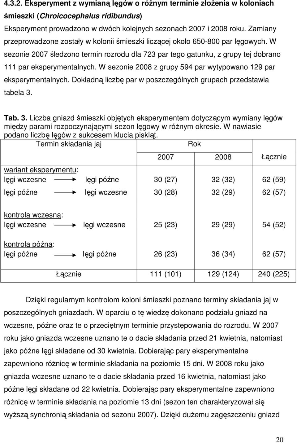 W sezonie 2008 z grupy 594 par wytypowano 129 par eksperymentalnych. Dokładną liczbę par w poszczególnych grupach przedstawia tabela 3.