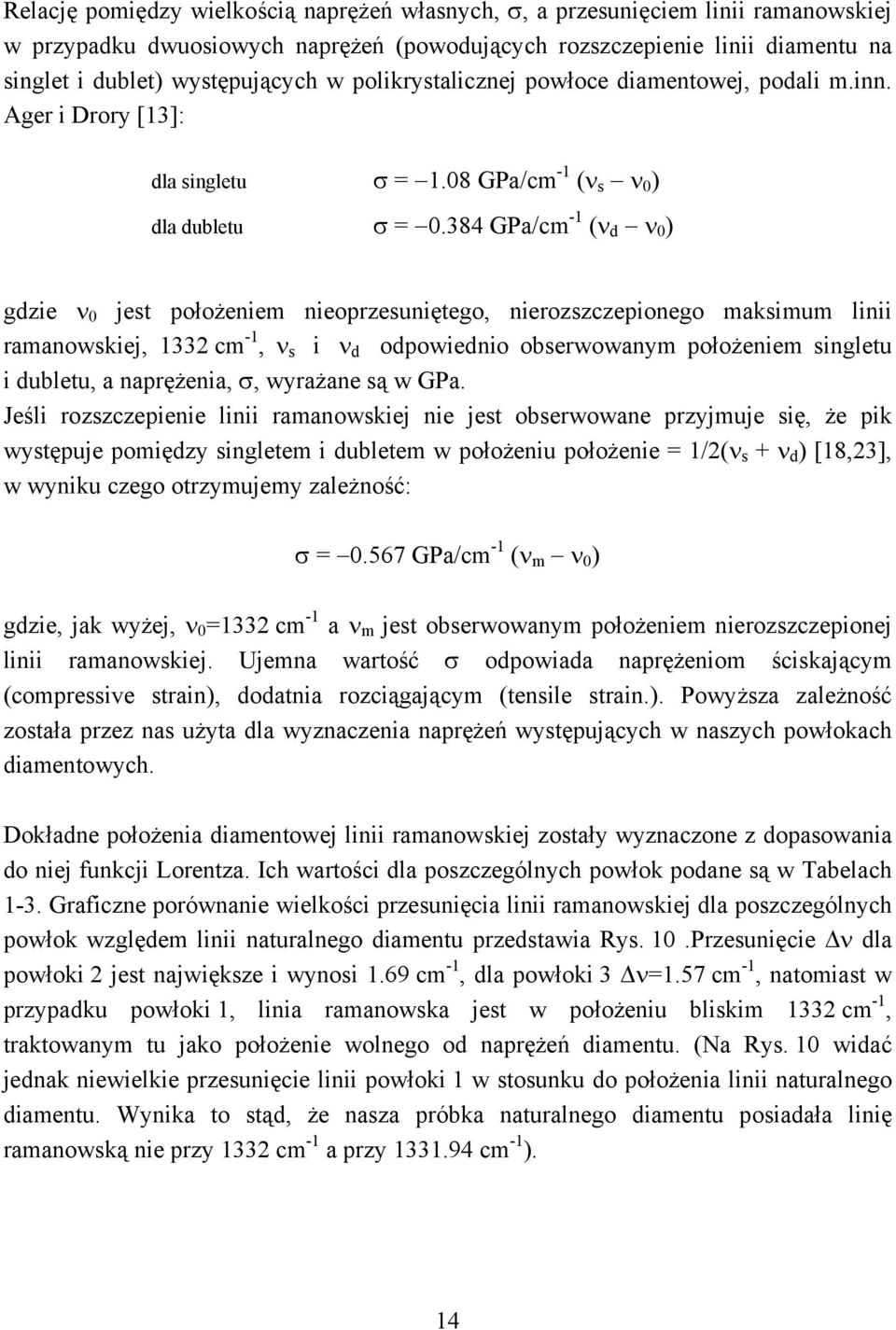 384 GPa/cm -1 (ν d ν 0 ) gdzie ν 0 jest położeniem nieoprzesuniętego, nierozszczepionego maksimum linii ramanowskiej, 1332 cm -1, ν s i ν d odpowiednio obserwowanym położeniem singletu i dubletu, a