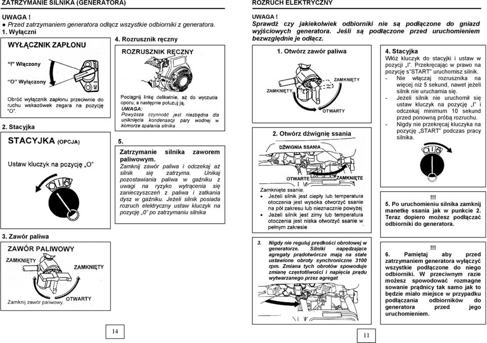 Stacyjka 5. 1. Otwórz zawór paliwa 2. Otwórz dźwignię ssania 4. Stacyjka Włóż kluczyk do stacyjki i ustaw w pozycji I. Przekręcając w prawo na pozycję s START uruchomisz silnik.