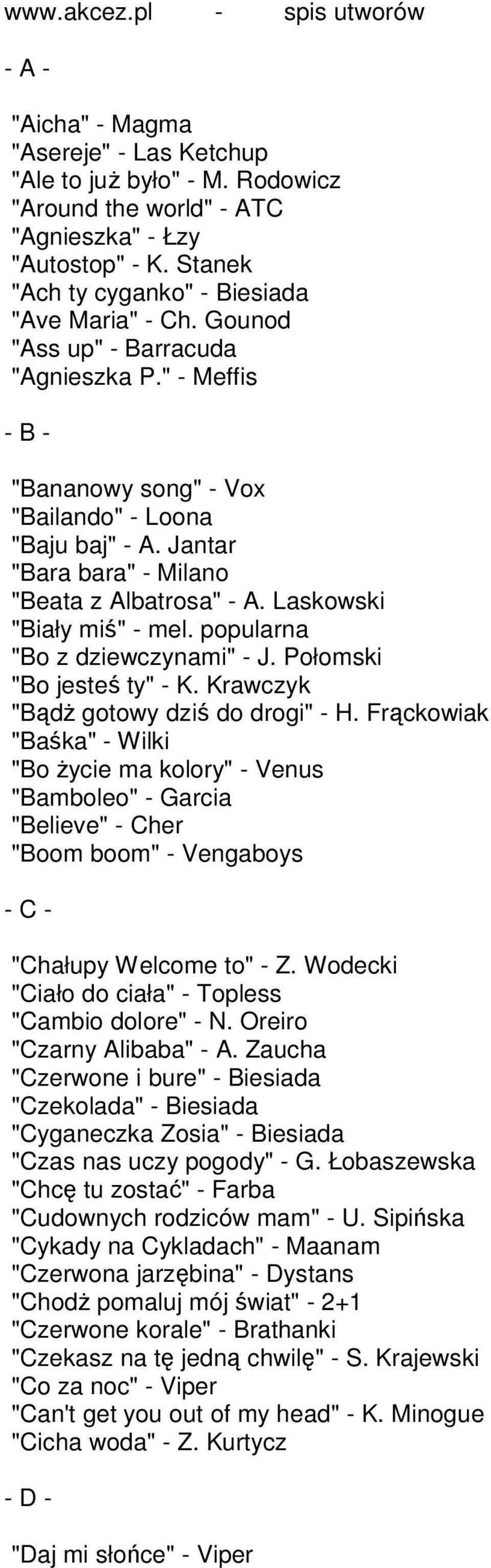 Jantar "Bara bara" - Milano "Beata z Albatrosa" - A. Laskowski "Biały miś" - mel. popularna "Bo z dziewczynami" - J. Połomski "Bo jesteś ty" - K. Krawczyk "BądŜ gotowy dziś do drogi" - H.