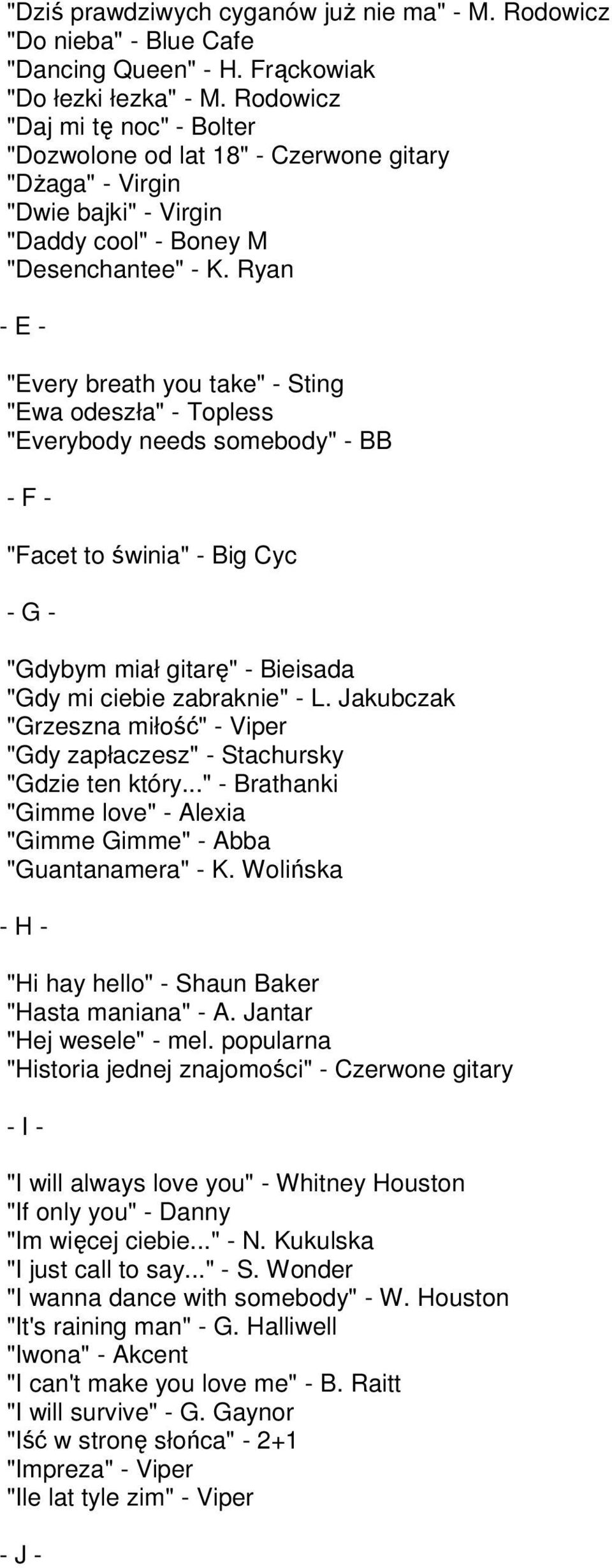 Ryan - E - "Every breath you take" - Sting "Ewa odeszła" - Topless "Everybody needs somebody" - BB - F - "Facet to świnia" - Big Cyc - G - "Gdybym miał gitarę" - Bieisada "Gdy mi ciebie zabraknie" -