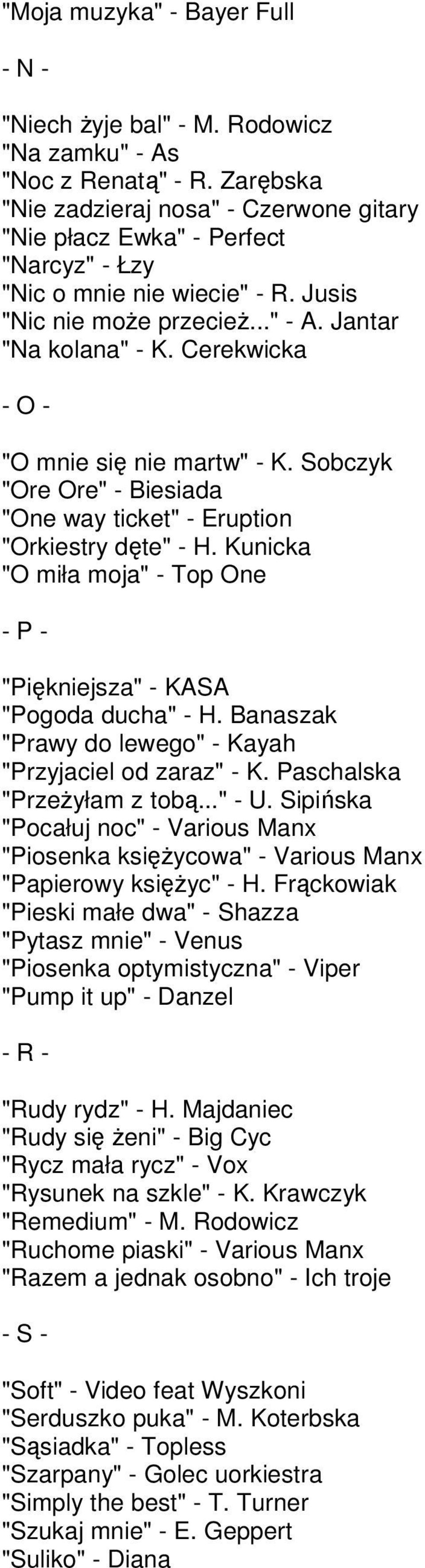Cerekwicka - O - "O mnie się nie martw" - K. Sobczyk "Ore Ore" - Biesiada "One way ticket" - Eruption "Orkiestry dęte" - H.