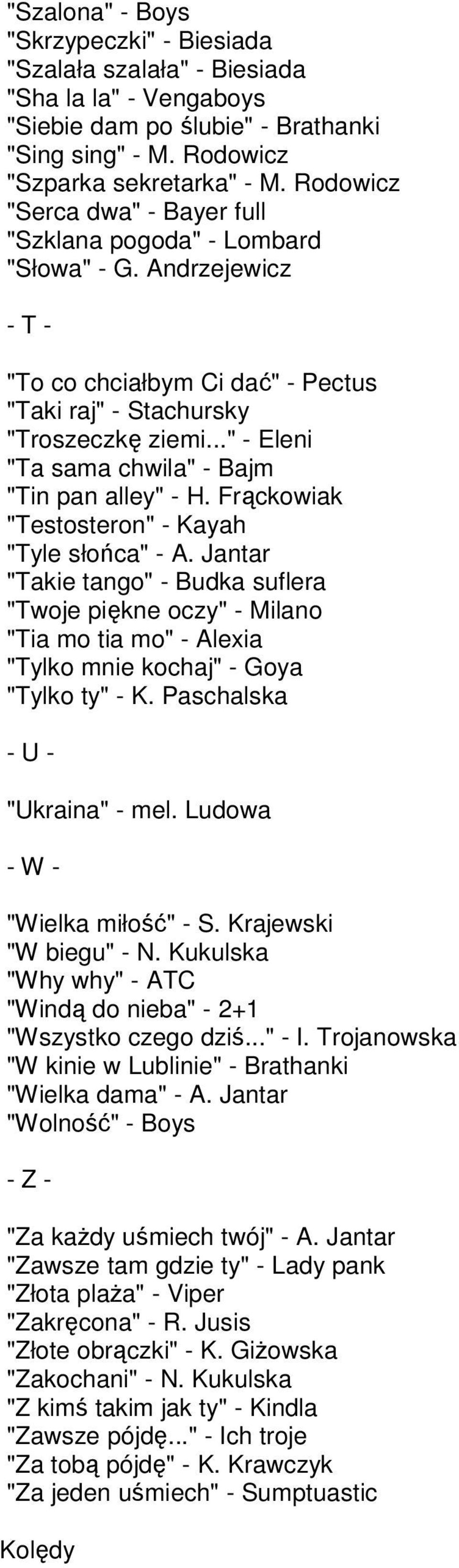 .." - Eleni "Ta sama chwila" - Bajm "Tin pan alley" - H. Frąckowiak "Testosteron" - Kayah "Tyle słońca" - A.