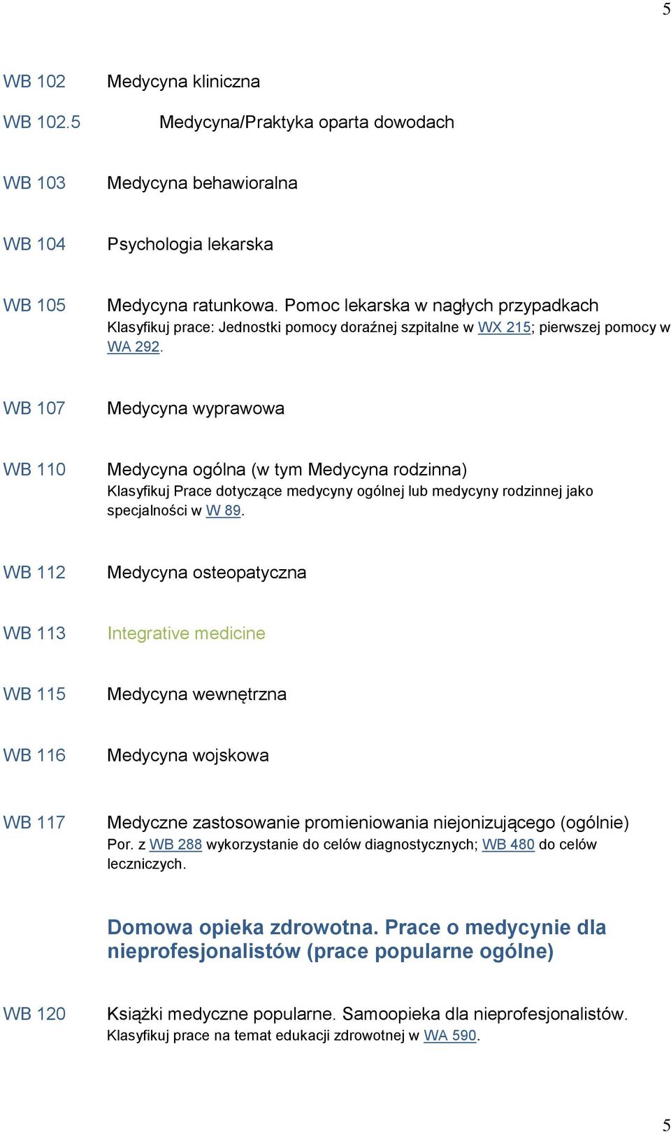 WB 107 Medycyna wyprawowa WB 110 Medycyna ogólna (w tym Medycyna rodzinna) Klasyfikuj Prace dotyczące medycyny ogólnej lub medycyny rodzinnej jako specjalności w W 89.