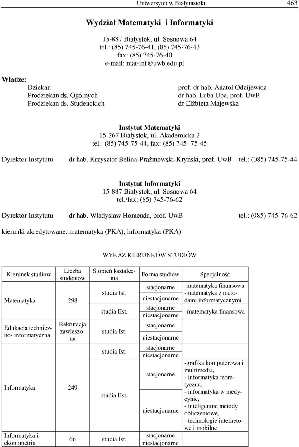 Akademicka 2 tel.: (85) 745-75-44, fax: (85) 745-75-45 Dyrektor Instytutu dr hab. Krzysztof Belina-Prażmowski-Kryński, prof. UwB tel.: (085) 745-75-44 Instytut Informatyki 15-887 Białystok, ul.