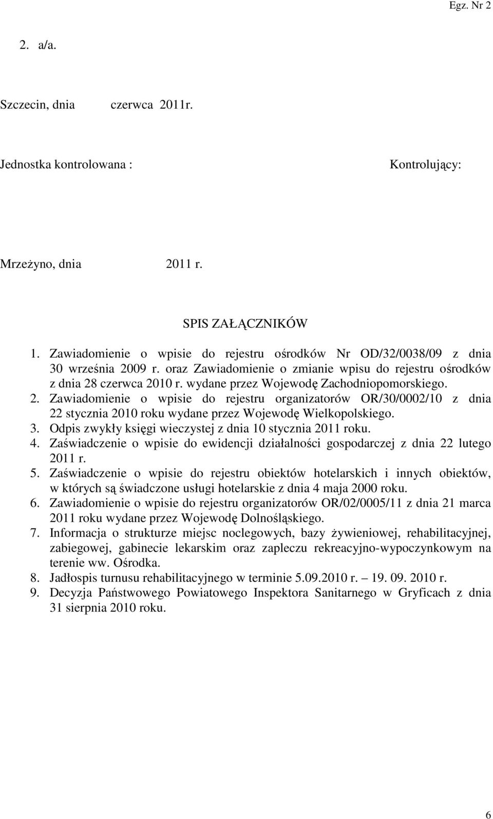 wydane przez Wojewodę Zachodniopomorskiego. 2. Zawiadomienie o wpisie do rejestru organizatorów OR/30/0002/10 z dnia 22 stycznia 2010 roku wydane przez Wojewodę Wielkopolskiego. 3.