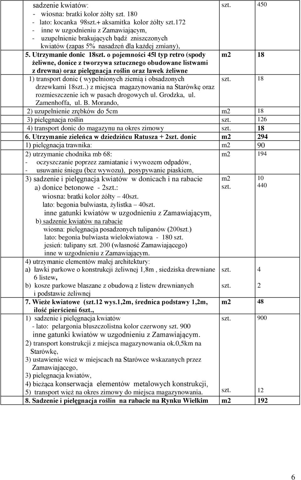 Utrzymanie donic 18 o pojemności 45l typ retro (spody 18 żeliwne, donice z tworzywa sztucznego obudowane listwami z drewna) oraz pielęgnacja roślin oraz ławek żeliwne 1) transport donic (