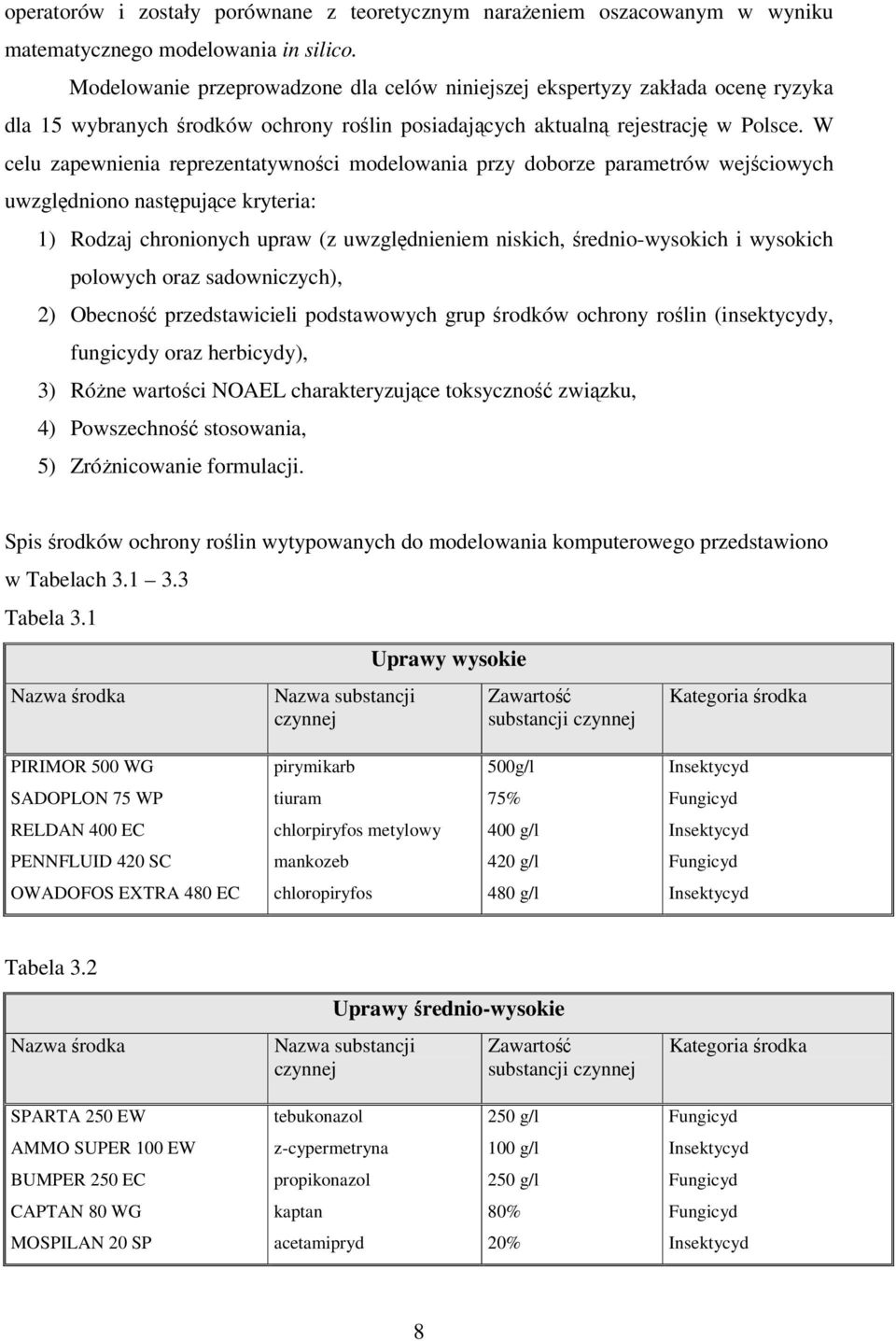 W celu zapewnienia reprezentatywności modelowania przy doborze parametrów wejściowych uwzględniono następujące kryteria: 1) Rodzaj chronionych upraw (z uwzględnieniem niskich, średnio-wysokich i