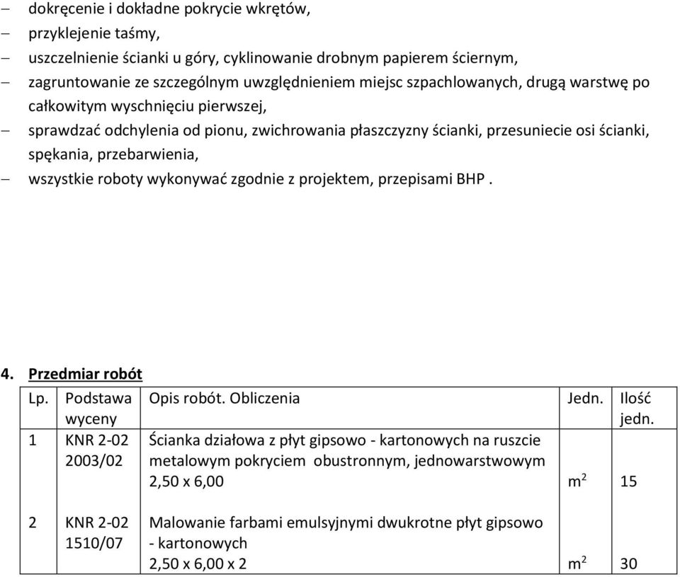 wszystkie roboty wykonywać zgodnie z projekte, przepisai BHP. 4. Przediar robót Lp. Podstawa wyceny Opis robót. Obliczenia Jedn. Ilość jedn.