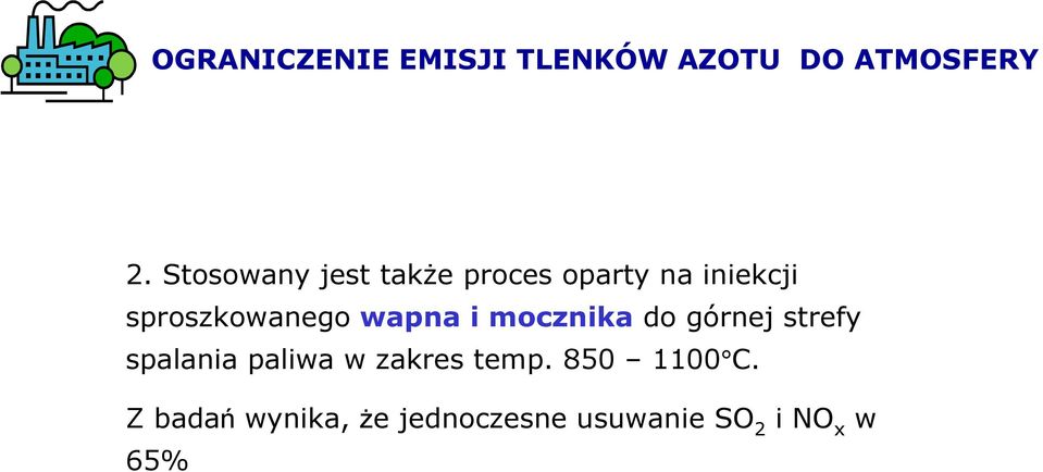 wapna i mocznika do górnej strefy spalania paliwa w zakres