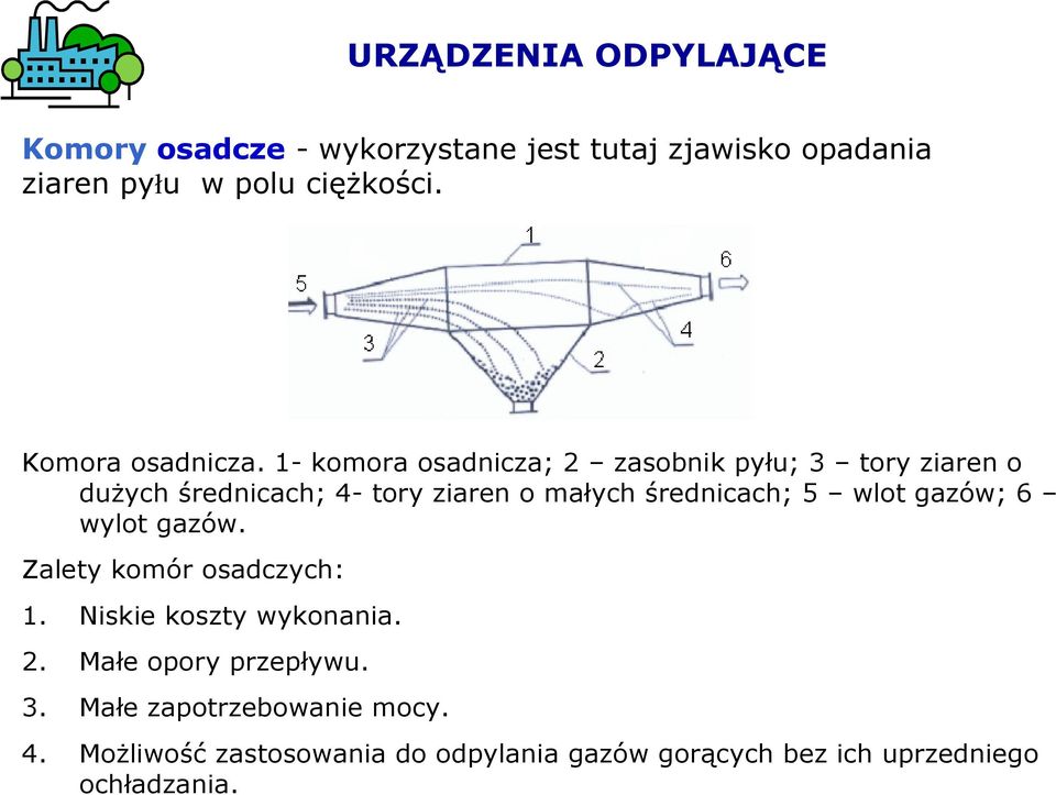 1- komora osadnicza; 2 zasobnik pyłu; 3 tory ziaren o duŝych średnicach; 4- tory ziaren o małych średnicach; 5