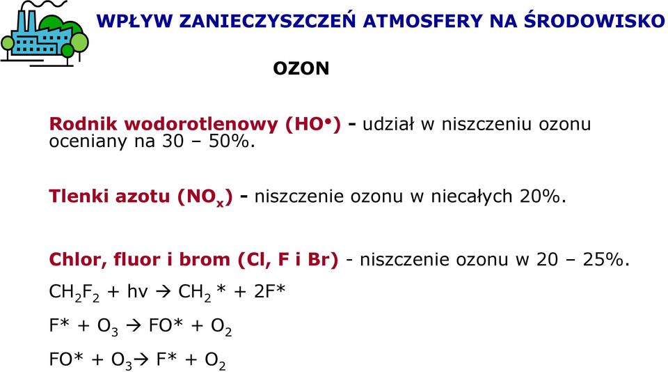 Tlenki azotu (NO x ) - niszczenie ozonu w niecałych 20%.