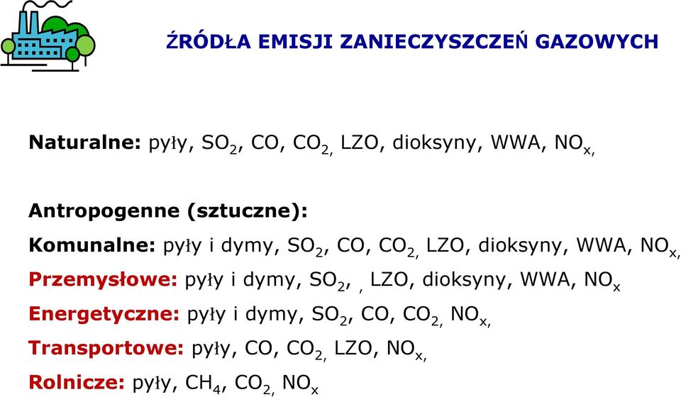 NO x, Przemysłowe: pyły i dymy, SO 2,, LZO, dioksyny, WWA, NO x Energetyczne: pyły i dymy,