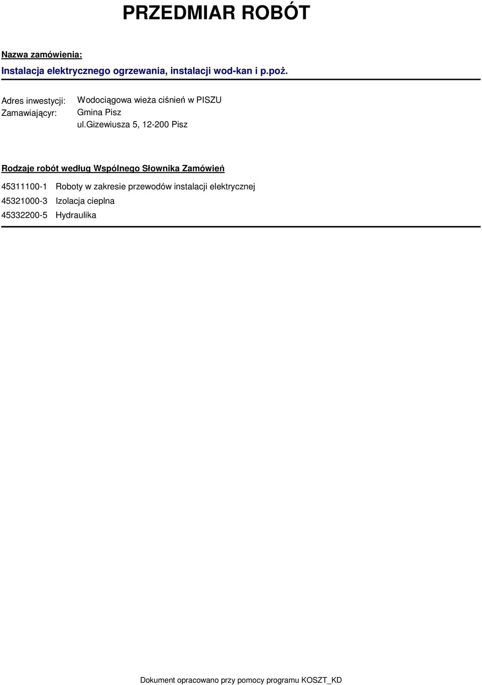 gizewiusza 5, 12-200 Pisz Rodzaje robót według Wspólnego Słownika Zamówień 45311100-1 Roboty w zakresie