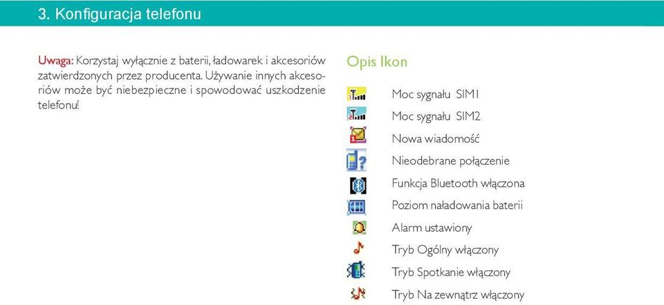 Opis Ikon Moc sygnału SIM1 Moc sygnału SIM2 Nowa wiadomość Nieodebrane połączenie Funkcja Bluetooth