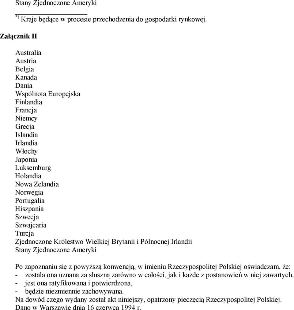 Hiszpania Szwecja Szwajcaria Turcja Zjednoczone Królestwo Wielkiej Brytanii i Północnej Irlandii Stany Zjednoczone Ameryki Po zapoznaniu się z powyższą konwencją, w imieniu Rzeczypospolitej Polskiej