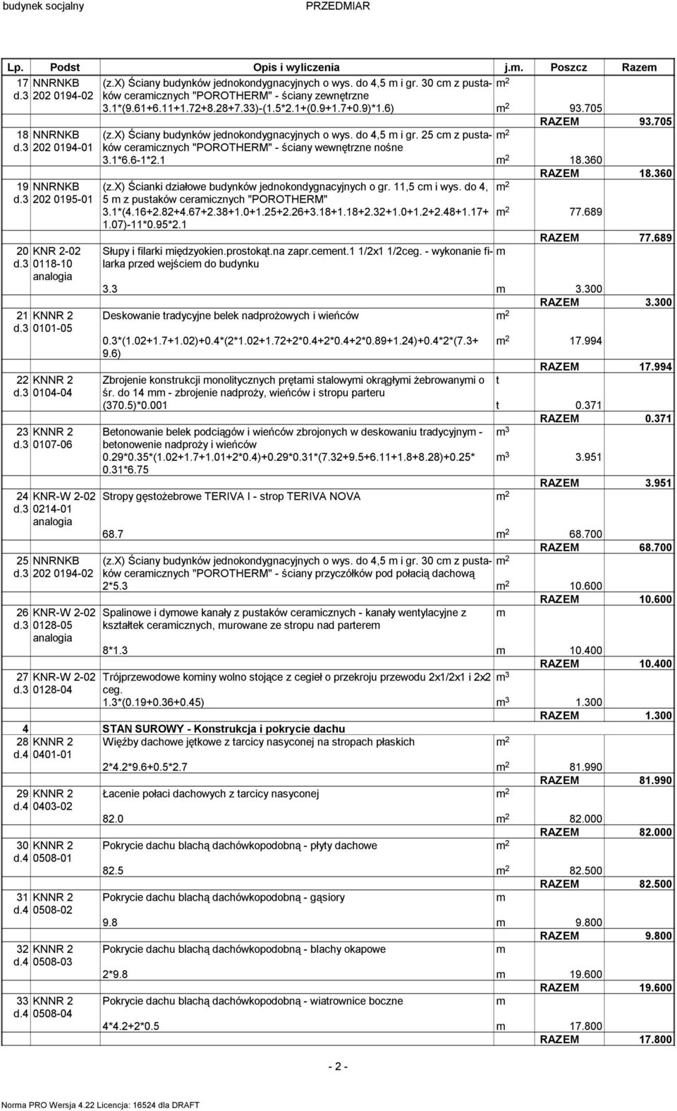 3 202 0194-01 ceraicznych "POROTHERM" - ściany wewnętrzne nośne 3.1*6.6-1*2.1 18.360 RAZEM 18.360 19 NNRNKB (z.x) Ścianki działowe budynków jednokondygnacyjnych o gr. 11,5 c i wys. do 4, d.