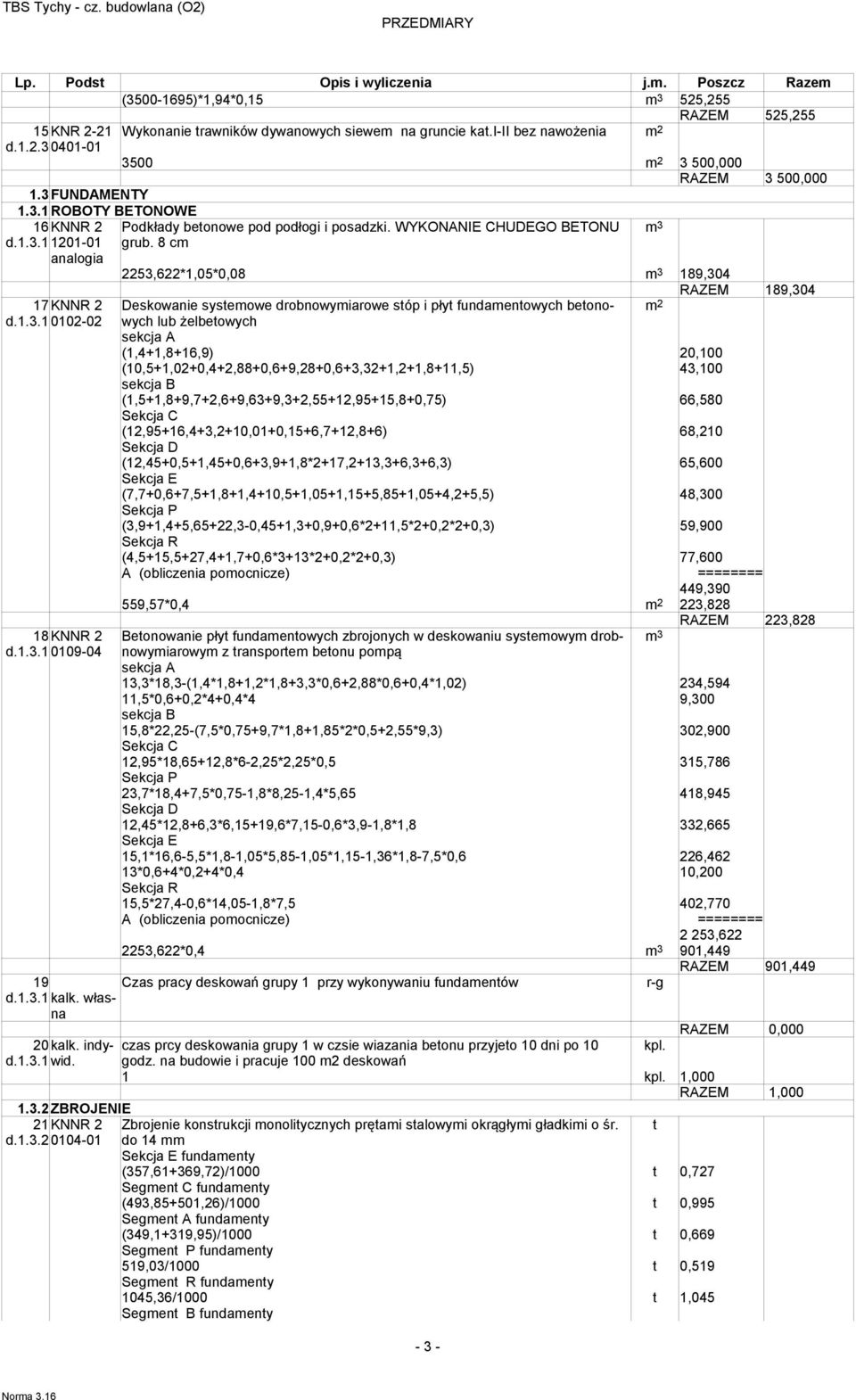 8 cm 2253,622*1,05*0,08 m 3 189,304 RAZEM 189,304 Deskowanie systemowe drobnowymiarowe stóp i płyt fundamentowych betonowych lub żelbetowych sekcja A (1,4+1,8+16,9) 20,100