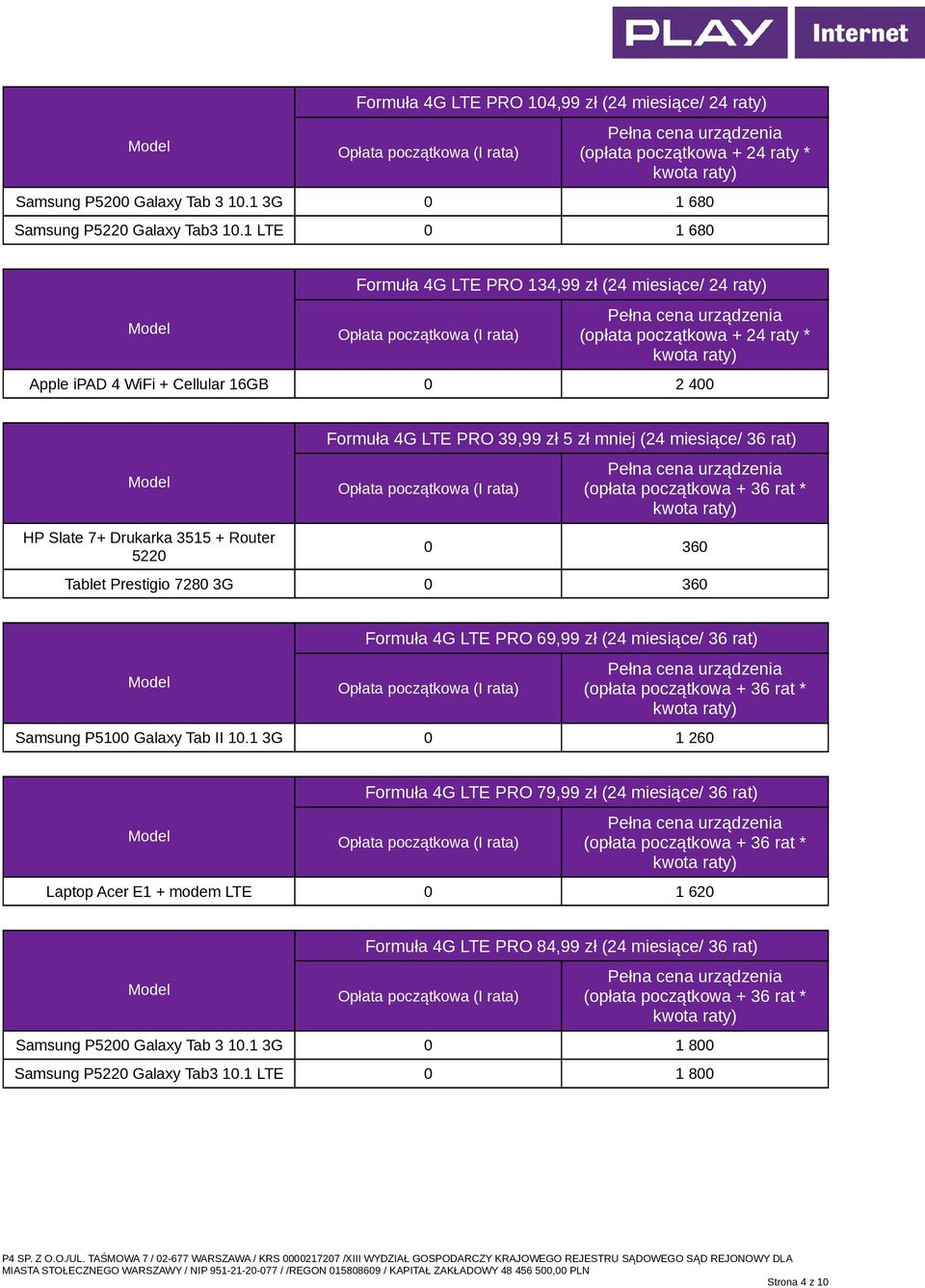 zł 5 zł mniej (24 miesiące/ 36 rat) 0 360 Tablet Prestigio 7280 3G 0 360 Formuła 4G LTE PRO 69,99 zł (24 miesiące/ 36 rat) Samsung P5100 Galaxy Tab II 10.