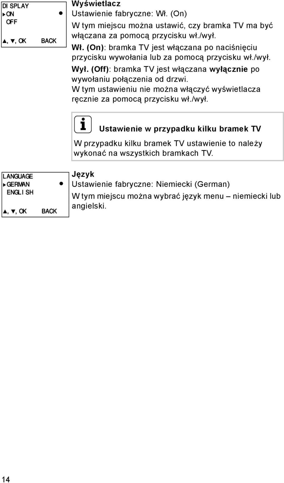 Język Ustawienie fabryczne: Niemiecki (German) W tym miejscu można wybrać język menu niemiecki lub angielski. 14