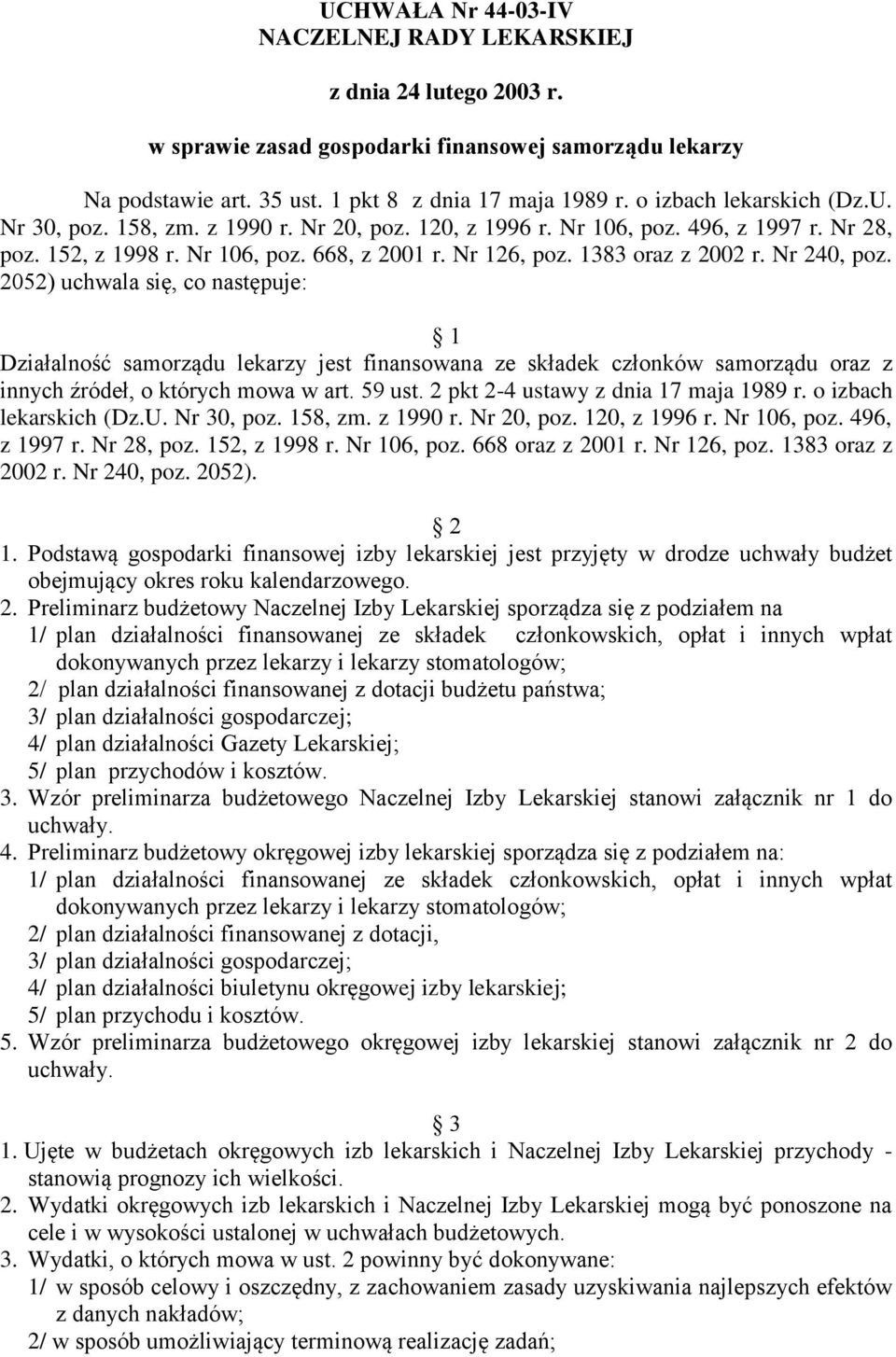 Nr 240, poz. 2052) uchwala się, co następuje: 1 Działalność samorządu lekarzy jest finansowana ze składek członków samorządu oraz z innych źródeł, o których mowa w art. 59 ust.