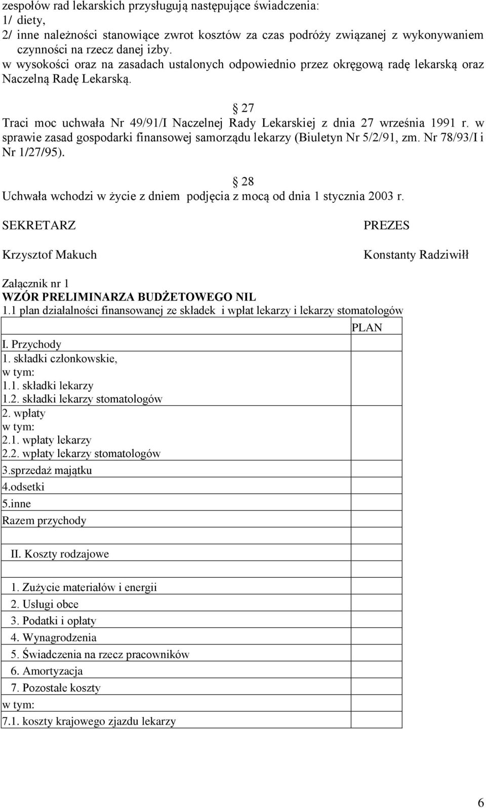 w sprawie zasad gospodarki finansowej samorządu lekarzy (Biuletyn Nr 5/2/91, zm. Nr 78/93/I i Nr 1/27/95). 28 Uchwała wchodzi w życie z dniem podjęcia z mocą od dnia 1 stycznia 2003 r.