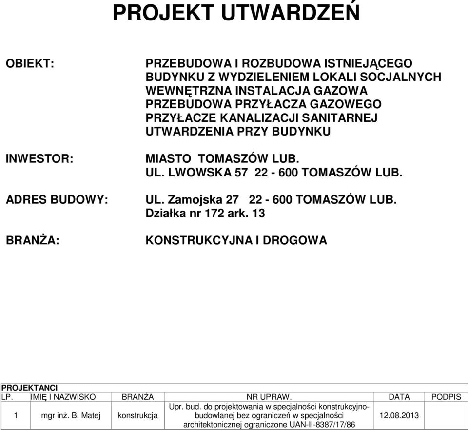 Działka nr 172 ark. 13 KONSTRUKCYJNA I DROGOWA PROJEKTANCI LP. IMIĘ I NAZWISKO BRANŻA NR UPRAW. DATA PODPIS Upr. bud.