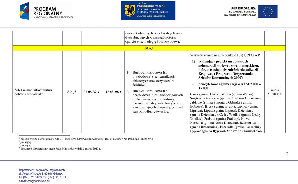 2011 1) Budowa, rozbudowa lub przebudowa 3 sieci kanalizacji zbiorczych oraz oczyszczalni ścieków; 2) Budowa, rozbudowa lub przebudowa 4 sieci wodociągowych realizowana razem z budową, rozbudową lub