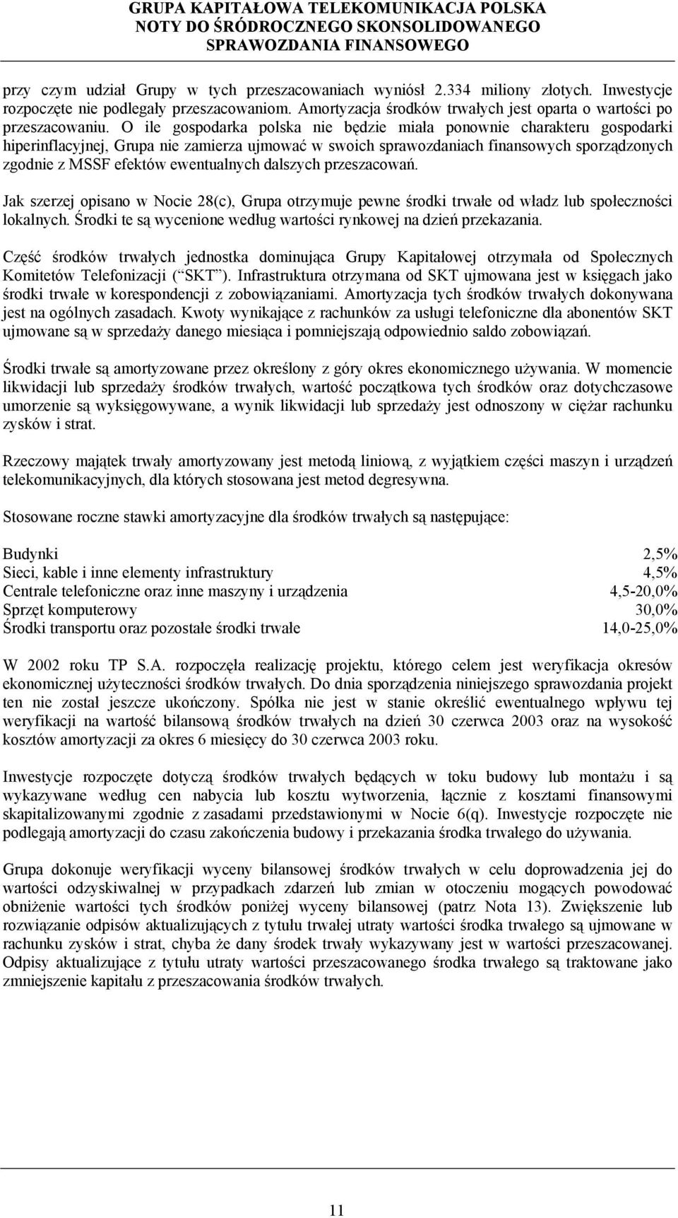 O ile gospodarka polska nie będzie miała ponownie charakteru gospodarki hiperinflacyjnej, Grupa nie zamierza ujmować w swoich sprawozdaniach finansowych sporządzonych zgodnie z MSSF efektów