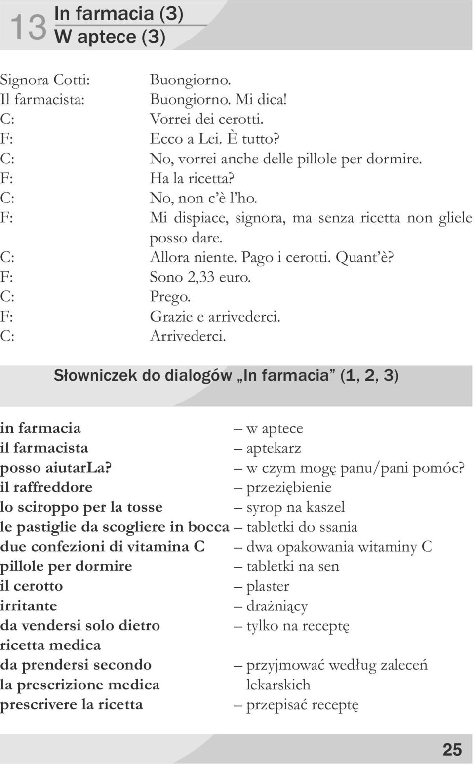 C: Arrivederci. Słowniczek do dialogów In farmacia (1, 2, 3) in farmacia w aptece il farmacista aptekarz posso aiutarla? w czym mogę panu/pani pomóc?