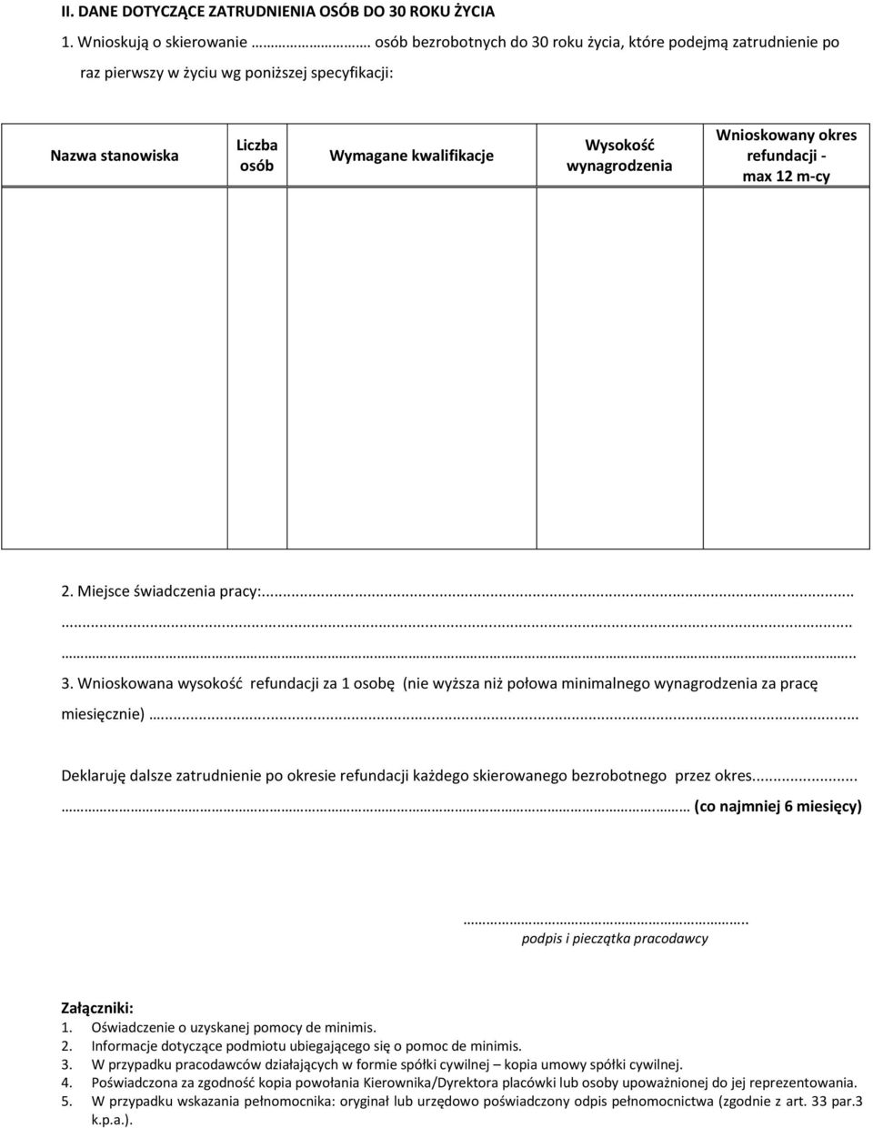 refundacji - max 12 m-cy 2. Miejsce świadczenia pracy:........ 3. Wnioskowana wysokość refundacji za 1 osobę ( wyższa niż połowa minimalnego wynagrodzenia za pracę miesięcz).