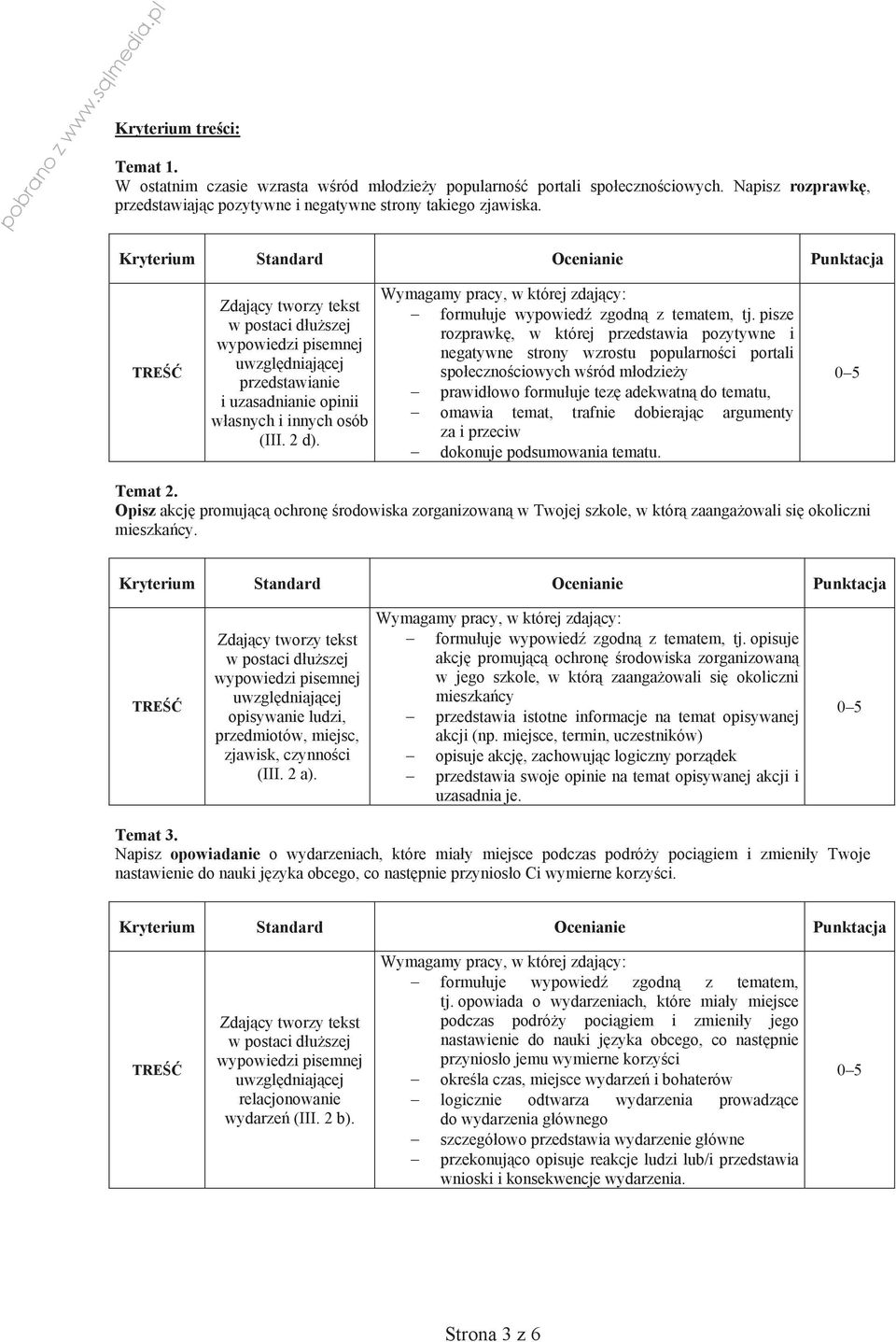 Kryterium Ocenianie Punktacja TRE Zdaj cy tworzy tekst w postaci d u szej wypowiedzi pisemnej uwzgl dniaj cej przedstawianie i uzasadnianie opinii w asnych i innych osób (III. 2 d).