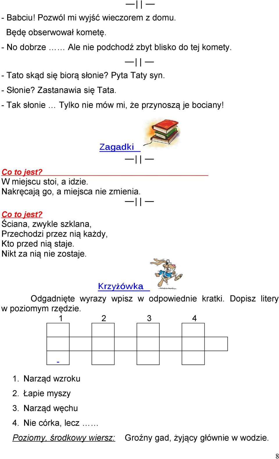 Co to jest? Ściana, zwykle szklana, Przechodzi przez nią każdy, Kto przed nią staje. Nikt za nią nie zostaje. Krzyżówka Odgadnięte wyrazy wpisz w odpowiednie kratki.