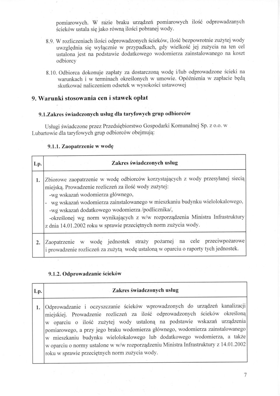 wodomierza zainstalowanego na koszt odbiorcy 8.10. Odbiorca dokonuje zapłaty za dostarczoną wodę i/lub odprowadzone ścieki na warunkach i w terminach określonych w umowie.