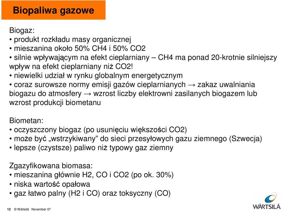 niewielki udzia w rynku globalnym energetycznym coraz surowsze normy emisji gazów cieplarnianych zakaz uwalniania biogazu do atmosfery wzrost liczby elektrowni zasilanych biogazem lub